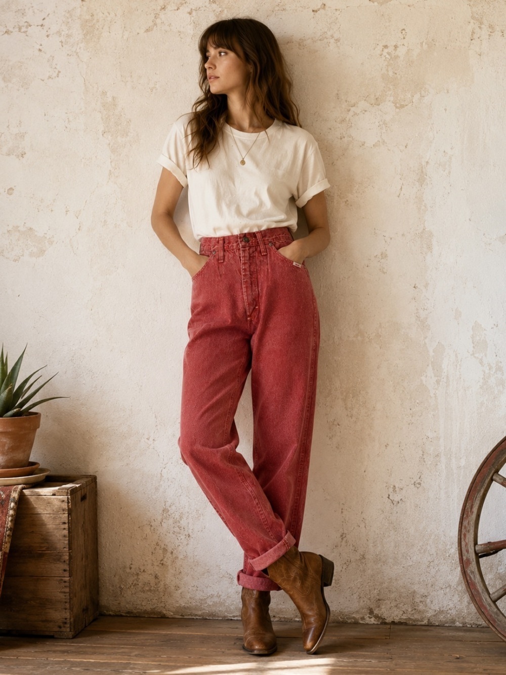 Vintage Wrangler Red Denim Jeans High Rise Western Mom Jean 70s USA